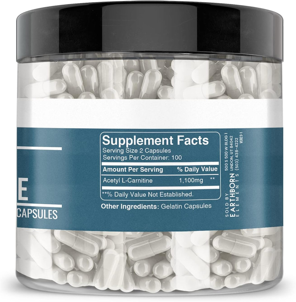 Earthborn Elements Acetyl L-Carnitine, 200 Capsules, Pure & Undiluted, No Additives