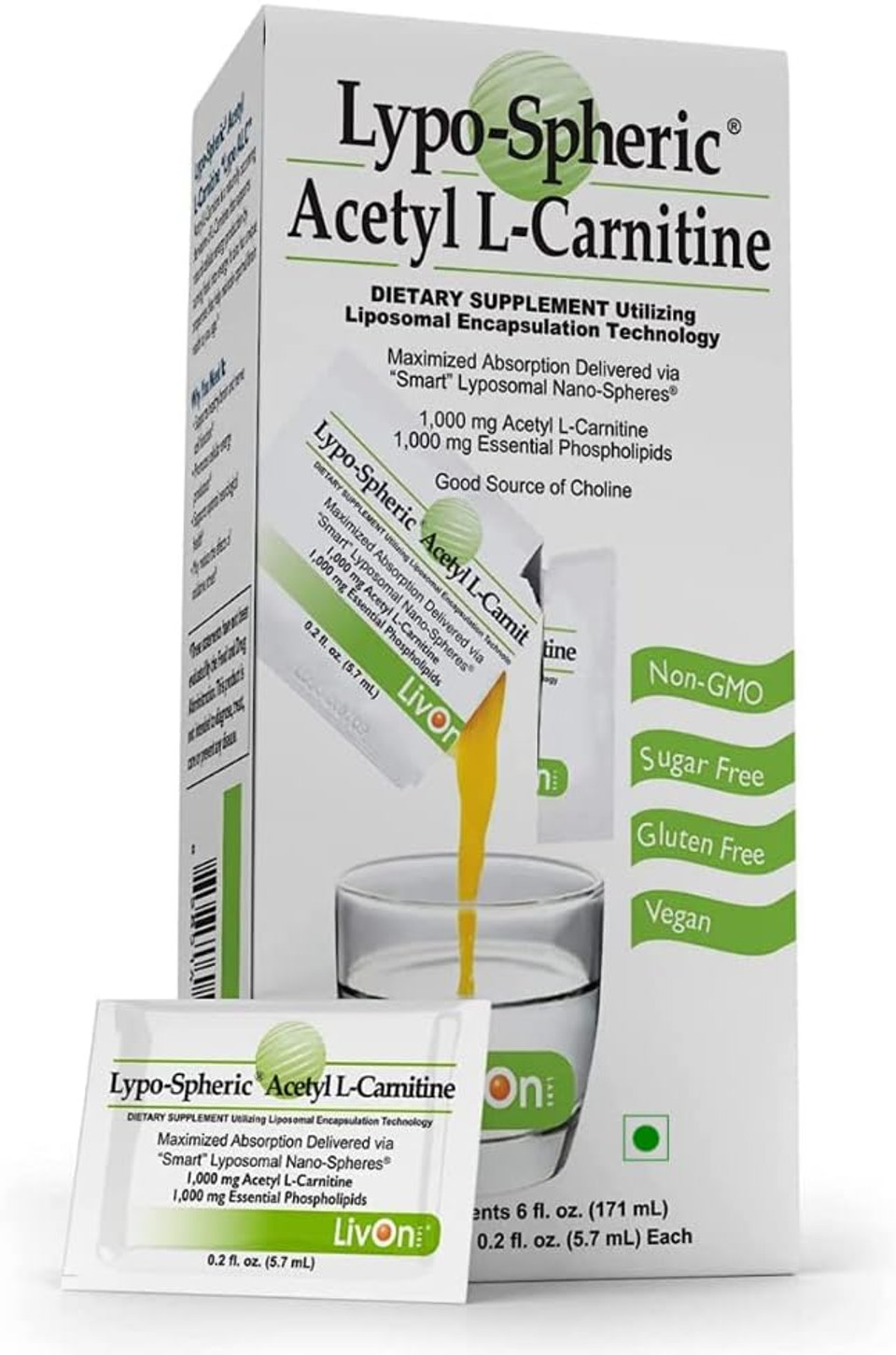 Livon Laboratories Lypo-Spheric Acetyl L-Carnitine  30 Packets  1,000 Mg Acetyl L-Carnitine & Essential Phospholipids Per Packet  Liposome Encapsulated For Maximum Bioavailability  100% Non-Gmo