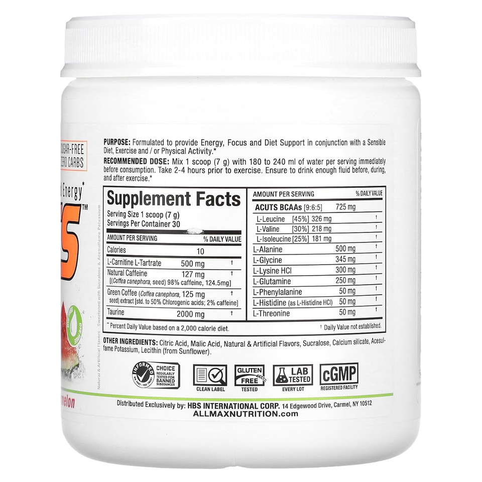 Allmax A:Cuts Amino-Charged Energy Drink, Watermelon - 210 G - With Caffeine, Green Coffee Extract, L-Carnitine & 2000 Mg Of Taurine - Sugar & Gluten Free - 30 Servings