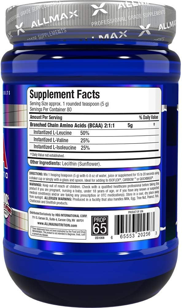 Allmax Essentials Bcaa, Unflavored - 400 G Instantized 2:1:1 Powder - Helps Increase Muscle Mass & Reduce Soreness - Gluten & Soy Free - 80 Servings