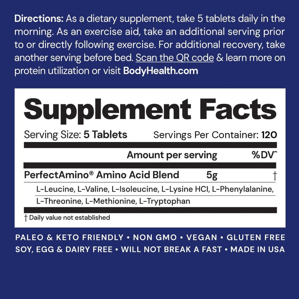 Bodyhealth Perfectamino, All 8 Essential Amino Acids With Bcaas + Lysine, Phenylalanine, Threonine, Methionine, Tryptophan, Supplement For Muscle Mass Production, Recovery & Strength (600 Ct)