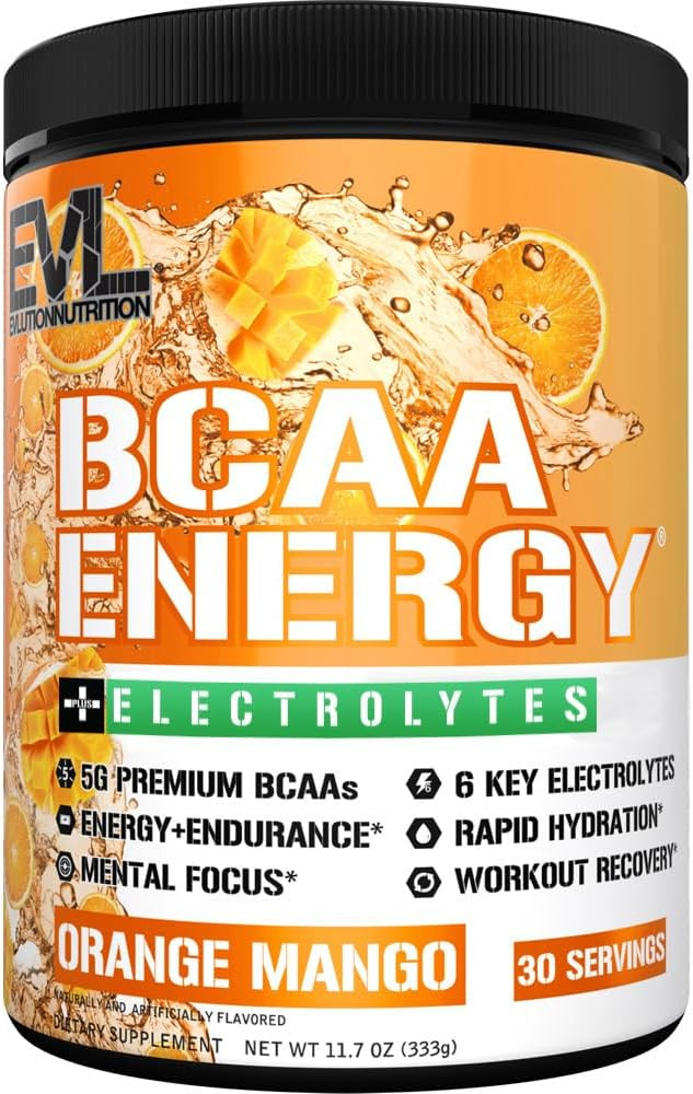 Evl Bcaas Amino Acids Powder - Bcaa Energy Pre Workout Powder For Muscle Recovery Lean Growth And Endurance - Rehydrating Bcaa Powder Post Workout Recovery Drink With 6 Key Electrolytes - Orange Mangoorange Mango30 Servings