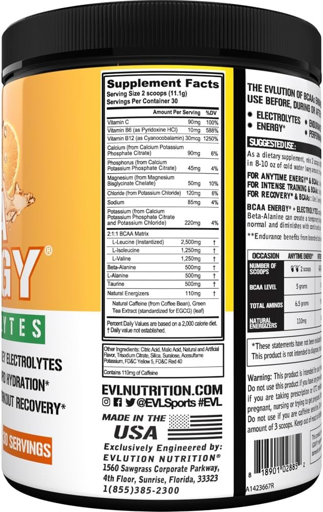 Evl Bcaas Amino Acids Powder - Bcaa Energy Pre Workout Powder For Muscle Recovery Lean Growth And Endurance - Rehydrating Bcaa Powder Post Workout Recovery Drink With 6 Key Electrolytes - Orange Mangoorange Mango30 Servings