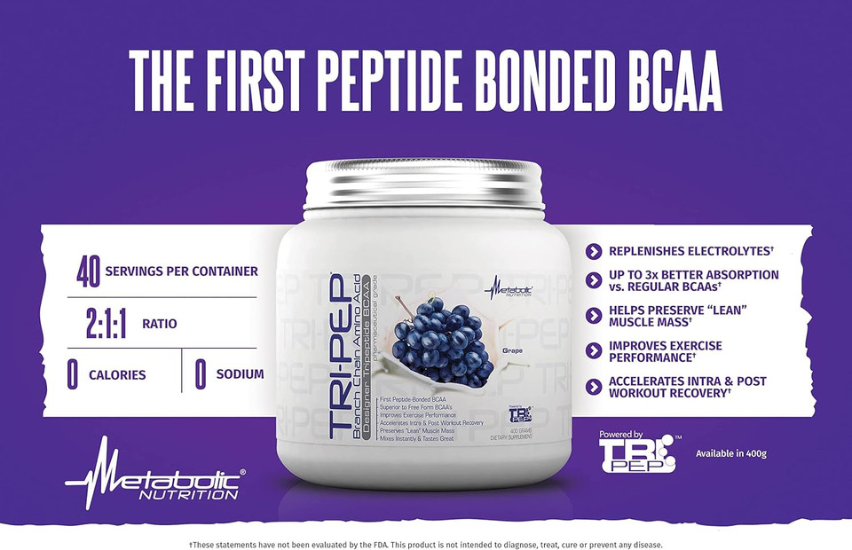 Metabolic Nutrition - Tripep - Tri-Peptide Branch Chain Amino Acid, Bcaa Powder, Pre Intra Post Workout Supplement, Grape, 400 Grams (40 Servings)
