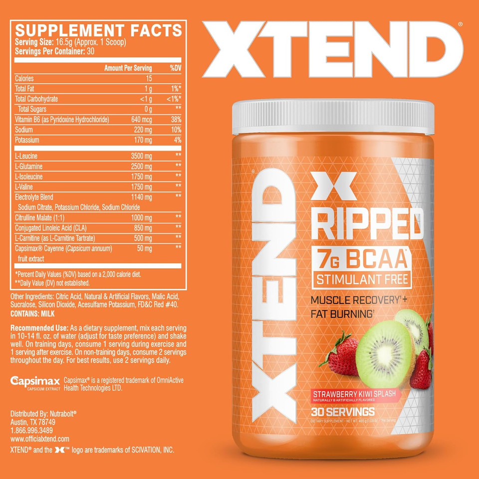 Xtend Ripped Bcaa Powder Strawberry Kiwi | Cutting Formula + Sugar Free Post Workout Muscle Recovery Drink With Amino Acids | 7G Bcaas For Men & Women | 30 Servings