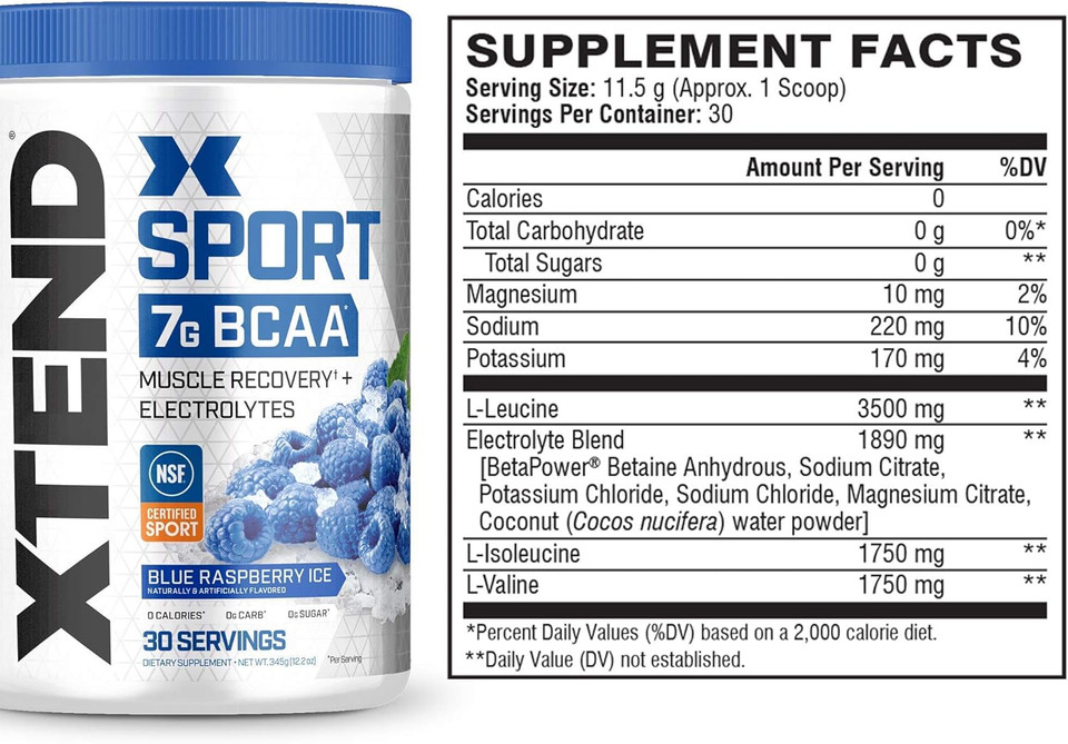 Xtend Sport Bcaa Powder Blue Raspberry Ice - Electrolyte Powder For Recovery & Hydration With Amino Acids - 30 Servings