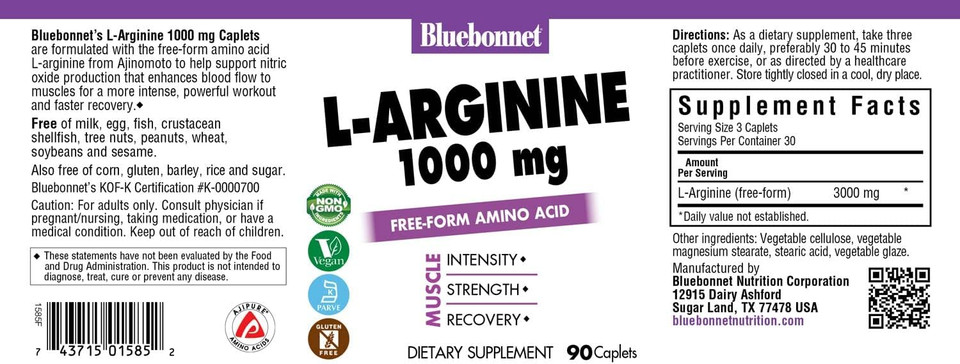Bluebonnet L-Arginine 1000 Mg Capsules, 90 Count