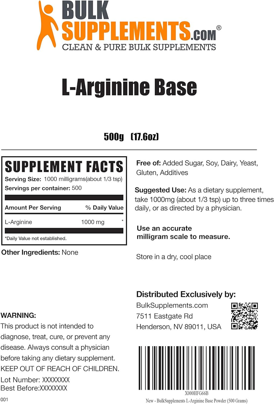 BULKSUPPLEMENTS.COM L-Arginine Powder - L-Arginine Base, Arginine 1000mg, Arginine Supplement - Nitric Oxide Powder, Nitrous Oxide Supplement - Gluten Free, 1000mg per Serving, 500g (1.1 lbs)