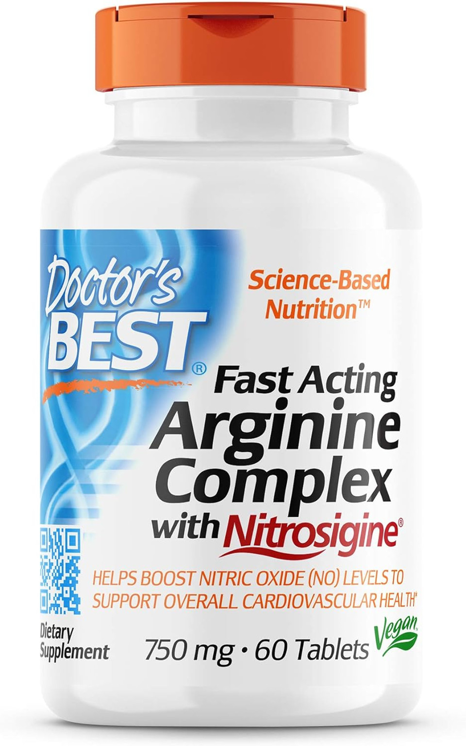 Doctor'S Best Fast Acting Arginine Complex W/Nitrosigine, Boost Nitric Oxide, Blood Flow & Vessel Flexibility, Non-Gmo, Vegan, Gluten Free, 750Mg, White (Drb-00406), Tablet, 60 Count60 Count (Pack Of 1)