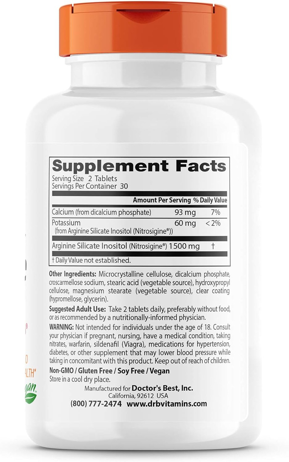 Doctor'S Best Fast Acting Arginine Complex W/Nitrosigine, Boost Nitric Oxide, Blood Flow & Vessel Flexibility, Non-Gmo, Vegan, Gluten Free, 750Mg, White (Drb-00406), Tablet, 60 Count60 Count (Pack Of 1)