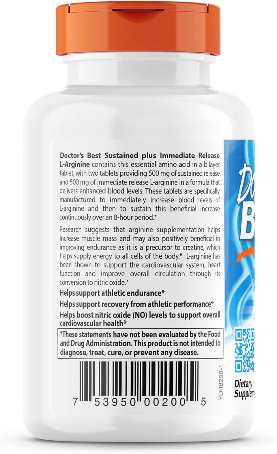 Doctor'S Best Sustained Plus Immediate Release L-Arginine, Non-Gmo, Vegan, Gluten & Soy Free, 500 Mg, Tablet, 120 Count