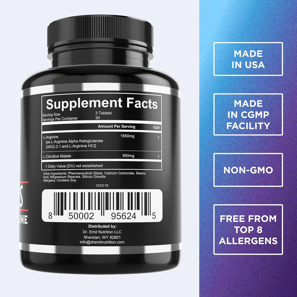 Dr. Emil'S Arginine Plus - L Arginine + L Citrulline - 2500 Mg High Dose No Booster Tablets - Nitric Oxide Supplement For Vascularity And Heart Health (Arginine Aakg And Citrulline Malate 2:1)