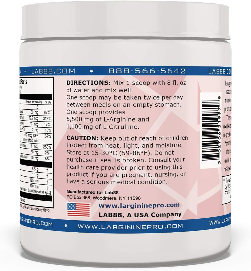 L-Arginine Pro | L-Arginine Supplement Powder | 5,500Mg Of L-Arginine Plus 1,100Mg L-Citrulline (Raspberry_, 1 Jar)