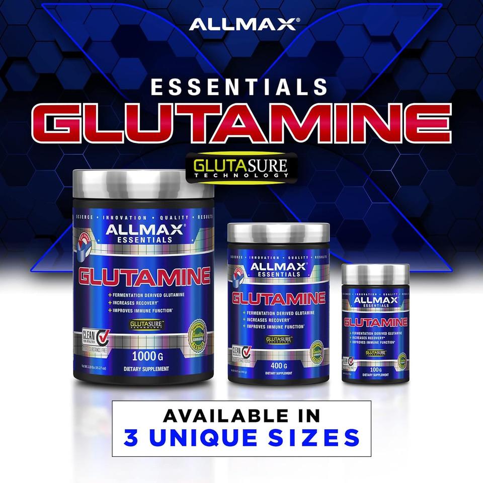 Allmax Essentials Glutamine - 100 G Powder - Fermentation-Derived Glutamine - Increases Recovery & Supports Immune System - Gluten Free & Vegan - 20 Servings20 Servings (Pack Of 1)
