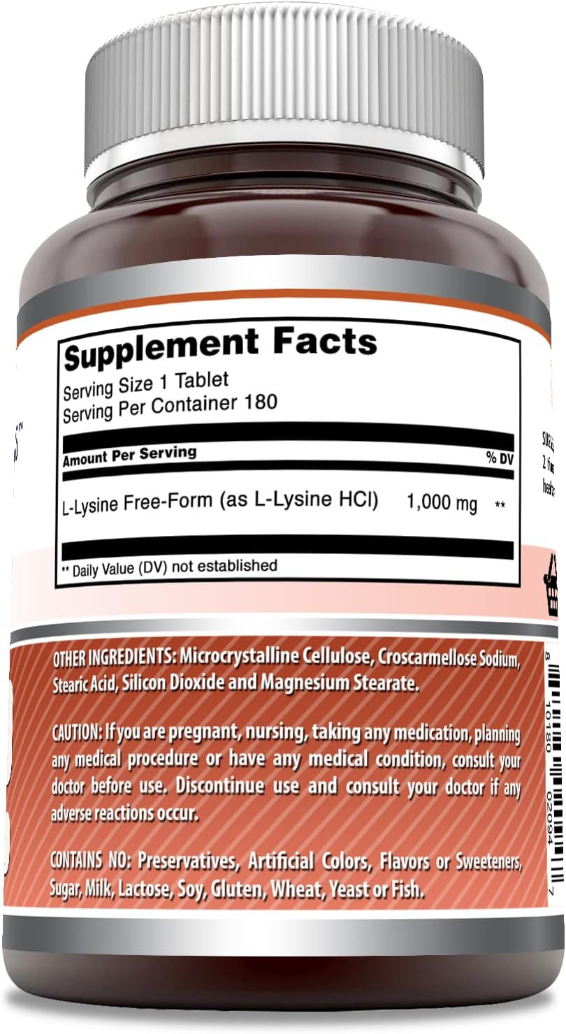 Amazing Formulas L-Lysine 1000Mg Amino Acid Vitamin Supplement 180 Tablets | Non-Gmo | Gluten Free | Made In Usa