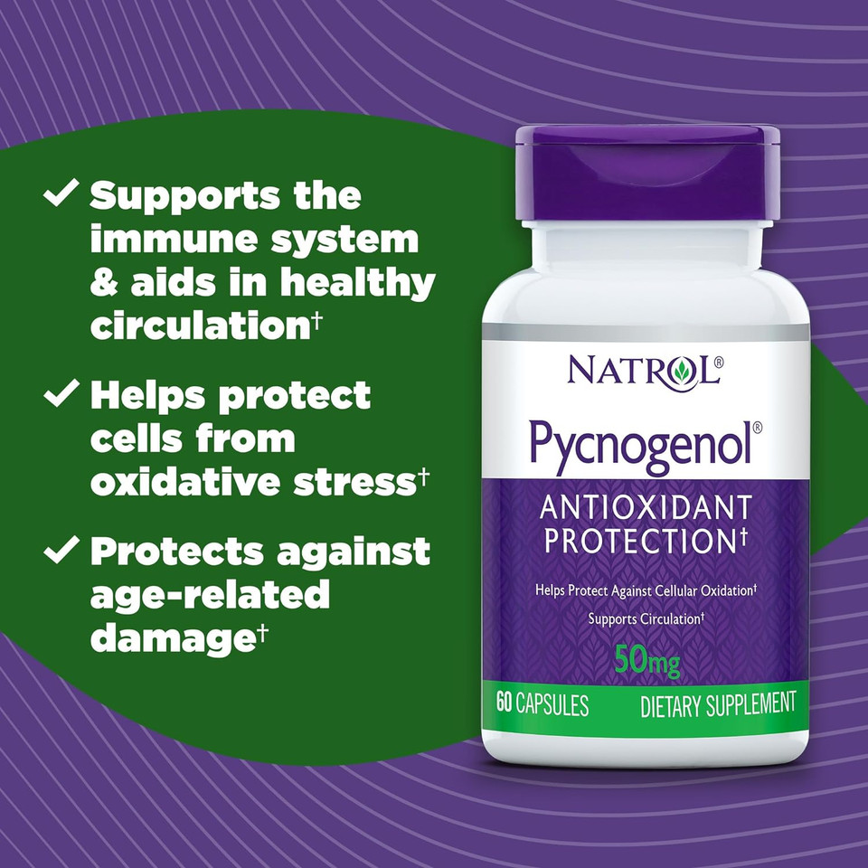 Natrol Pycnogenol Capsules, Antioxidant Protection, Protects Against Cellular Oxidation And Age-Related Damage, European Maritime Pine Bark Extract, Supports Circulation, 50 Mg, 60 Count