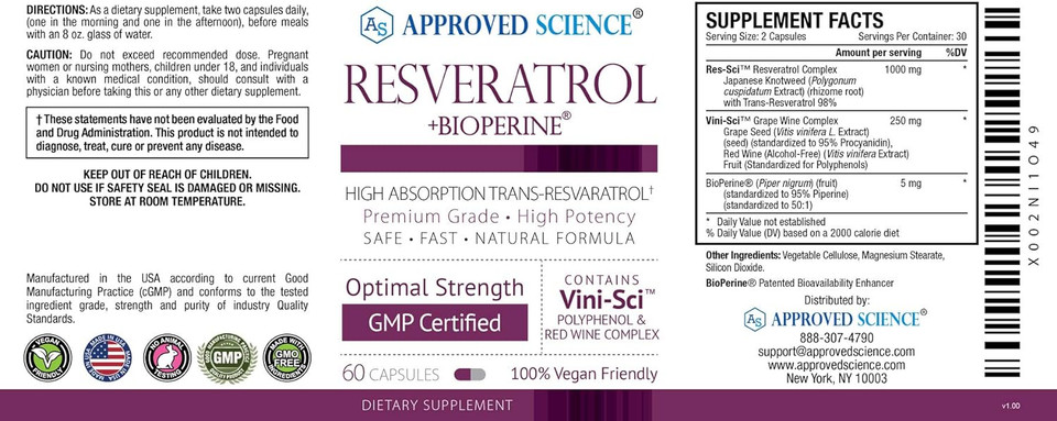 Approved Scienceã¢Â® Resveratrol - 1000 Mg Of Trans Resveratrol - 250 Mg Of Polyphenol - 98% Purity Level - Includes Bioperineã¢Â® - 180 Vegan Friendly Capsules Per Bottle- 1 Bottle