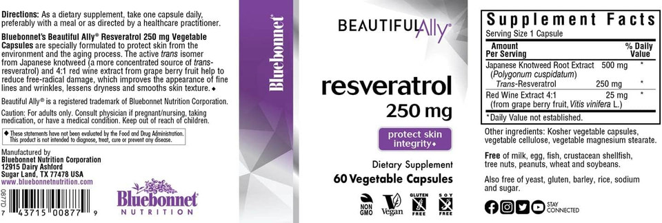 Bluebonnet Nutrition Beautiful Ally Resveratrol 250Mg, Best For Skin, Antioxidant, Beauty Nutrient, Vegan, Vegetarian, Non Gmo, Gluten Free, Soy Free, 60 Vegetable Capsules, 60 Servings