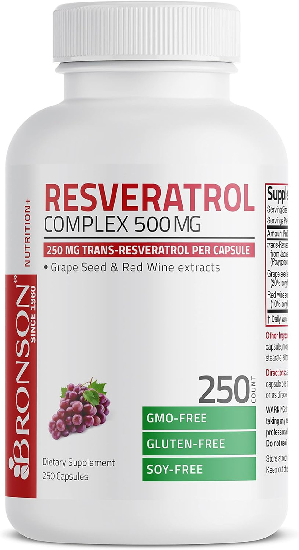 Bronson Resveratrol 500 Complex Standardized Trans-Resveratrol + Grape Seed & Red Wine Extract, 250 Capsules