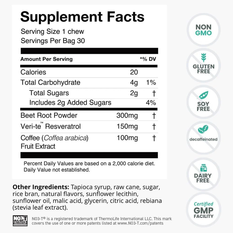 Humann Superbeets Memory & Focus Brain Supplement Chews  Mental Alertness  Clinically Studied Nootropics, Resveratrol Plus Beet Root Powder, Blueberry Pomegranate Flavor, 30 Count