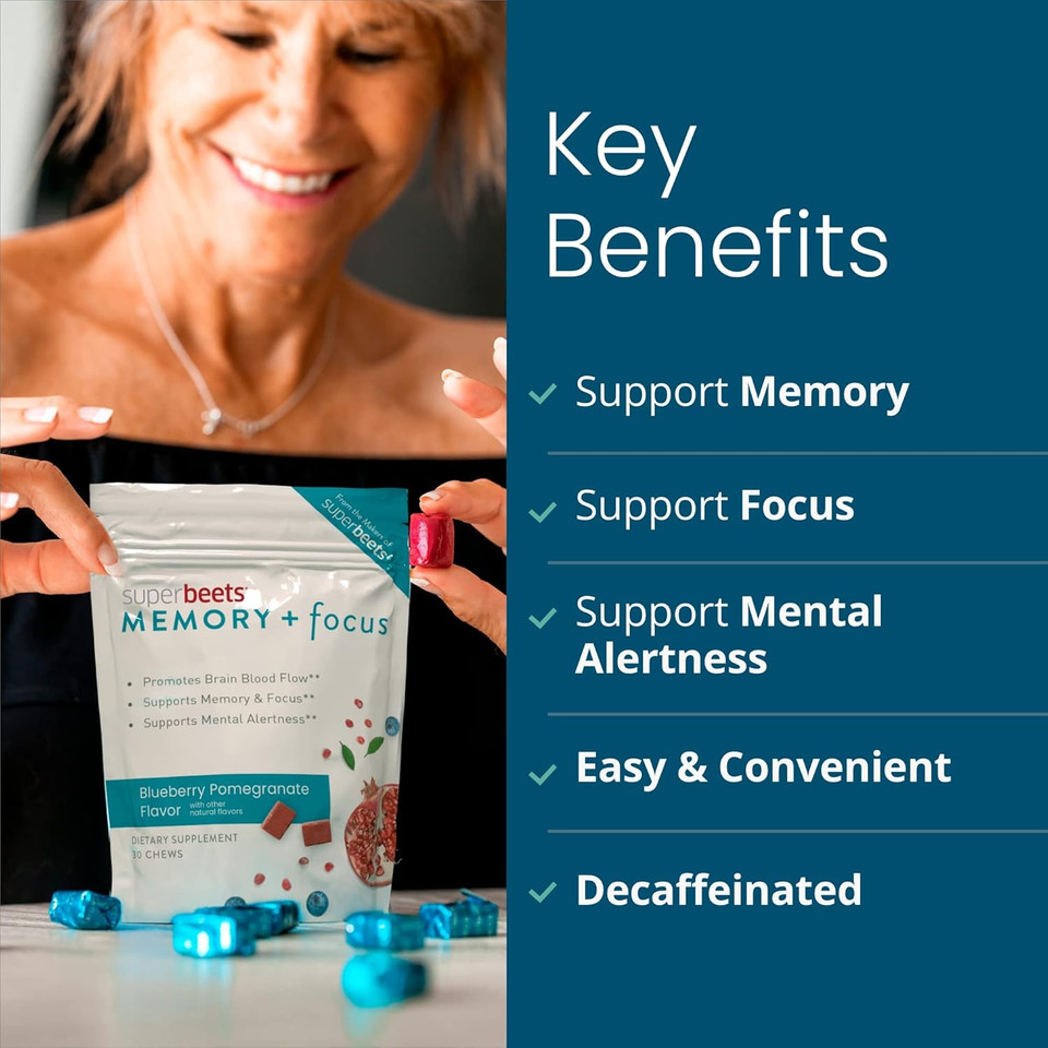 Humann Superbeets Memory & Focus Brain Supplement Chews  Mental Alertness  Clinically Studied Nootropics, Resveratrol Plus Beet Root Powder, Blueberry Pomegranate Flavor, 30 Count