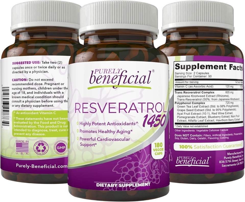 Purely Beneficial Resveratrol1450-90Day Supply, 1450Mg Per Serving Of Potent Antioxidants & Trans-Resveratrol, Promotes Anti-Aging, Cardiovascular Support, Maximum Benefits (1Bottle)