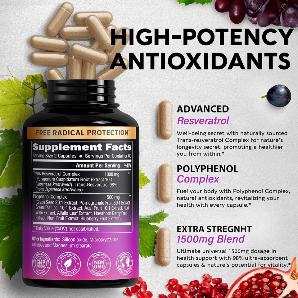 Resveratrol Supplement - 1500Mg Trans Resveratrol - Japanese Knotweed Extract 10:1 - Polyphenol Complex - Natural Anti Aging & Antioxidant Support - Made In Usa - 120 Vegan Capsules, 2 Month Supply Resveratrol Supplement - 1500Mg Trans Resveratrol - Japanese Knotweed Extract 10:1 - Polyphenol Complex - Natural Anti Aging & Antioxidant Support - Made In Usa - 120 Vegan Capsules, 2 Month Supply