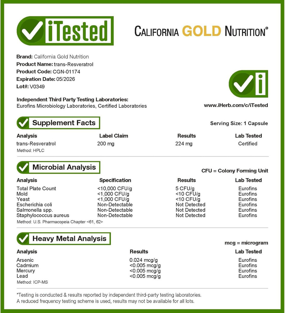 Resveratrol, 98% Pure Trans-Resveratrol, Free Of Emodin & Pahs, Italian Sourced, 200 Mg, 60 Veggie Capsules