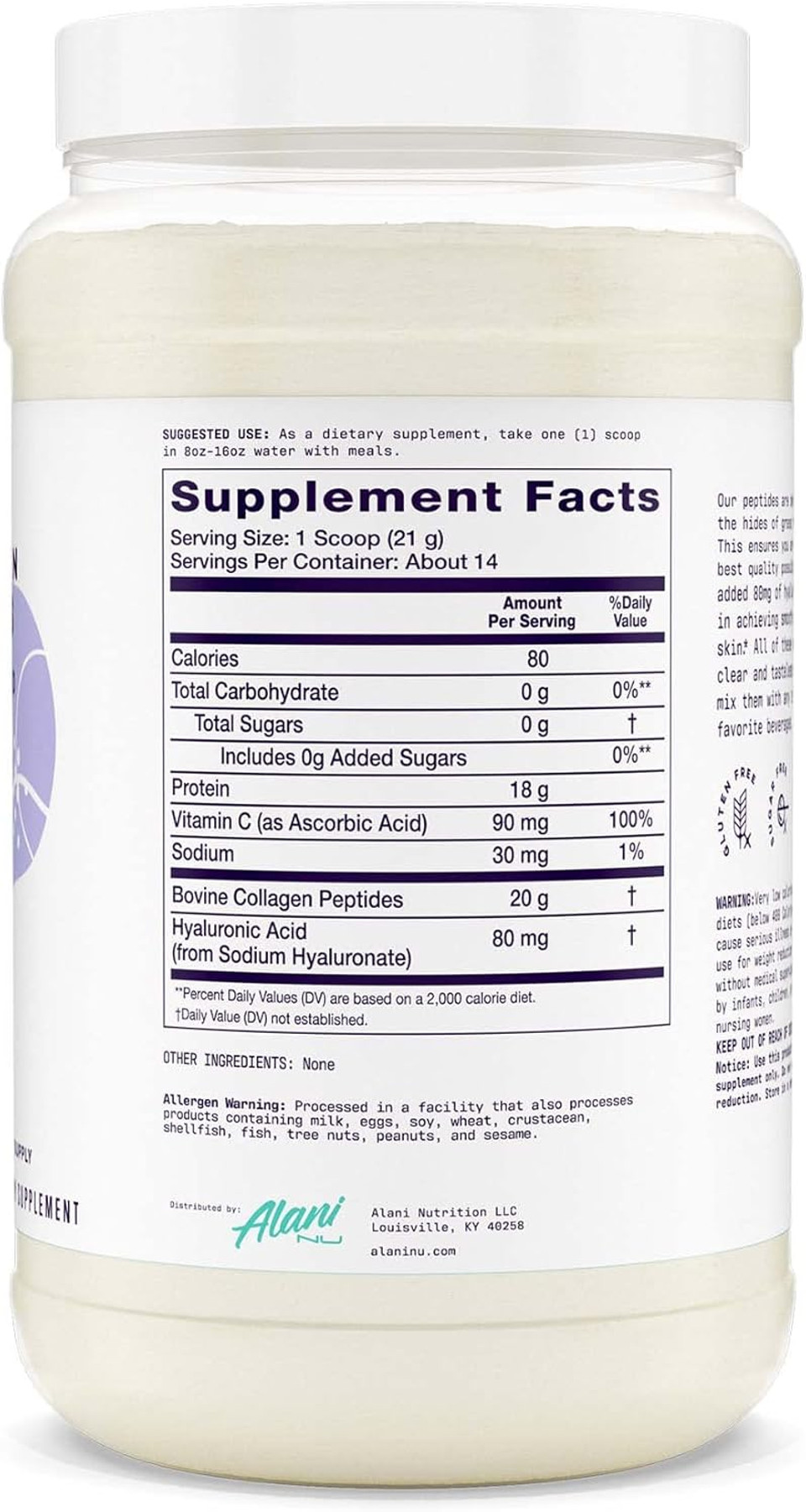 Alani Nu Collagen Peptides Powder Unflavored | 18G Protein | Supports Bone, Skin And Nail Health | Collagen For Women | 80Mg Of Hyaluronic Acid | Gluten Free | Sugar Free | 14 Servings