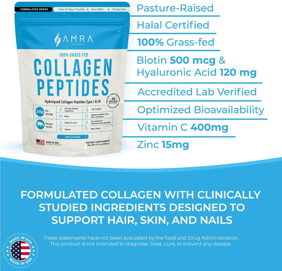 Amra Hydrolyzed Collagen Peptides Powder Unflavored For Women Men 600G -5 In 1 Anti Aging Complex- Promotes Hair,Nail,Skin,Health -Supplement With Keto Type 1 And 3 - Grass Fed Collagen Protein-Halal