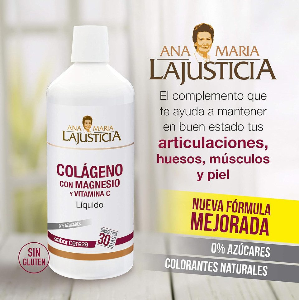 Ana Maria Lajusticia | Liquid Hydrolyzed Collagen With Magnesium And Vitamin C |For Healthy Skin, Nails, Hair And Ligaments | Natural Energy, Cherry Flavour 1000Ml