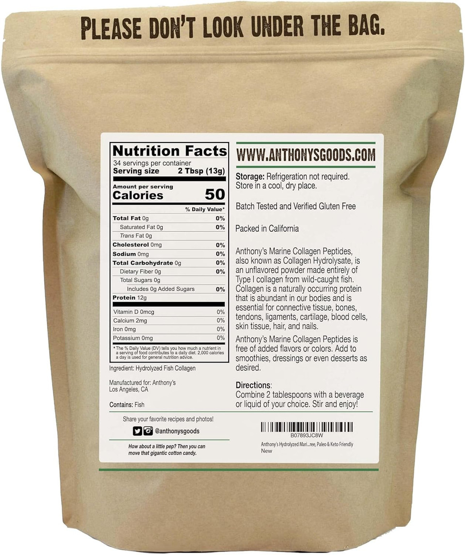 Anthony'S Hydrolyzed Marine Collagen Peptides, Gluten-Free, Paleo And Keto Friendly, Unflavored, 1-Pound