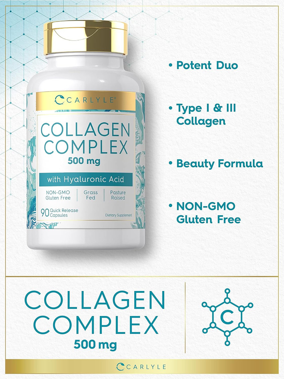 Carlyle Collagen Pills With Hyaluronic Acid 500Mg | 90 Capsules | Hydrolyzed Collagen Supplement | Non-Gmo, Gluten Free
