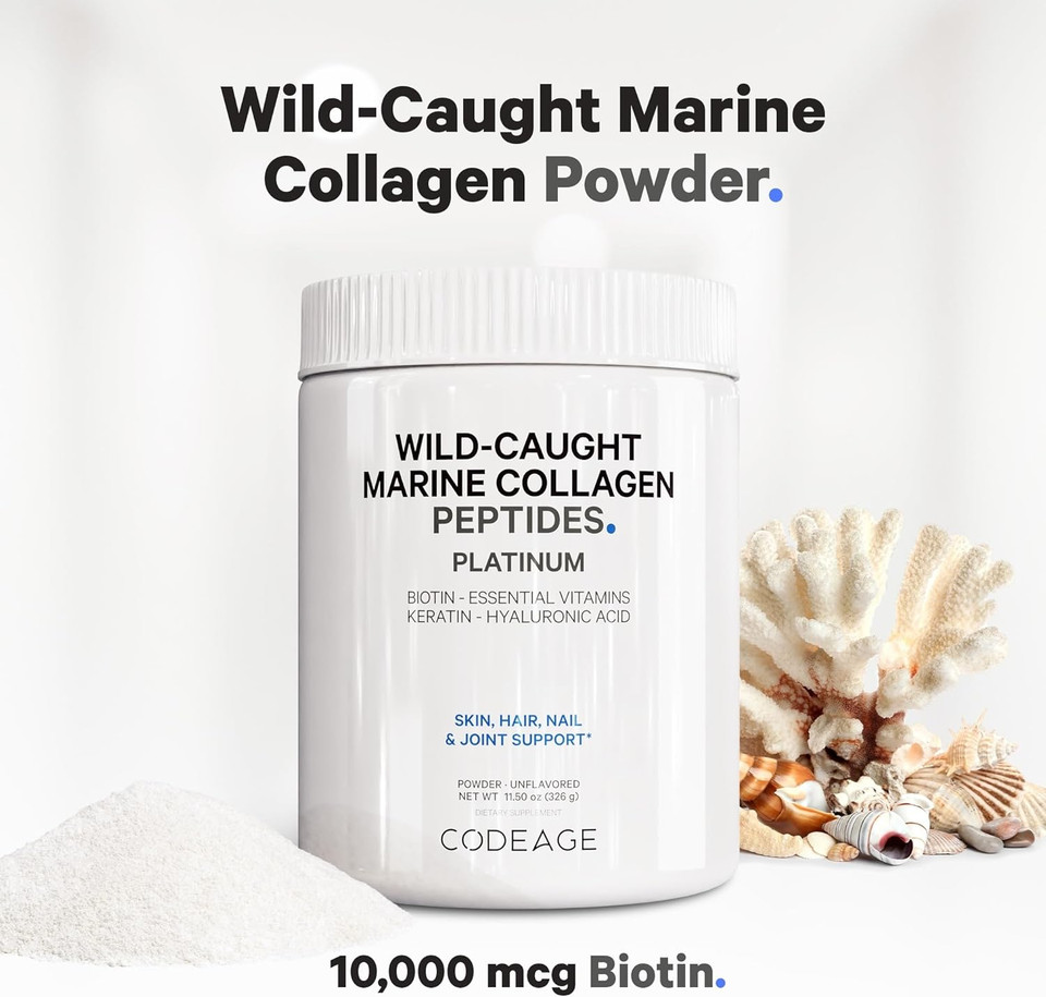 Codeage Marine Collagen Protein Powder Supplement, Biotin 10,000 Mcg, Vitamin C, D3 & B6, Keratin, Hyaluronic Acid, Niacin, Wild Caught Hydrolyzed Fish Collagen Peptides, Hair, Skin, Joints, 11.50 Oz
