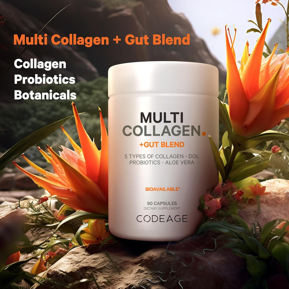 Codeage Multi Collagen + Gut Blend Supplement  Digestive Probiotics, Dgl Licorice  Aloe Vera, Organic Peppermint Leaf - Hydrolyzed - Collagen Pills Type 1, 2, 3, 5 & 10  Non-Gmo - 90 Capsules
