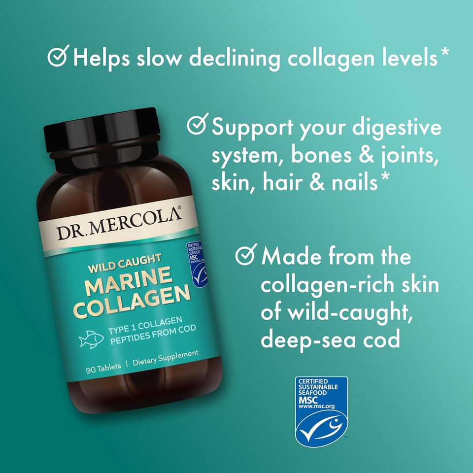 Dr. Mercola Wild Caught Marine Collagen, 30 Servings (90 Tablets), Type I Collagen Peptides, Dietary Supplement, Promotes Youthful Appearance, Non-Gmo, Msc Certified
