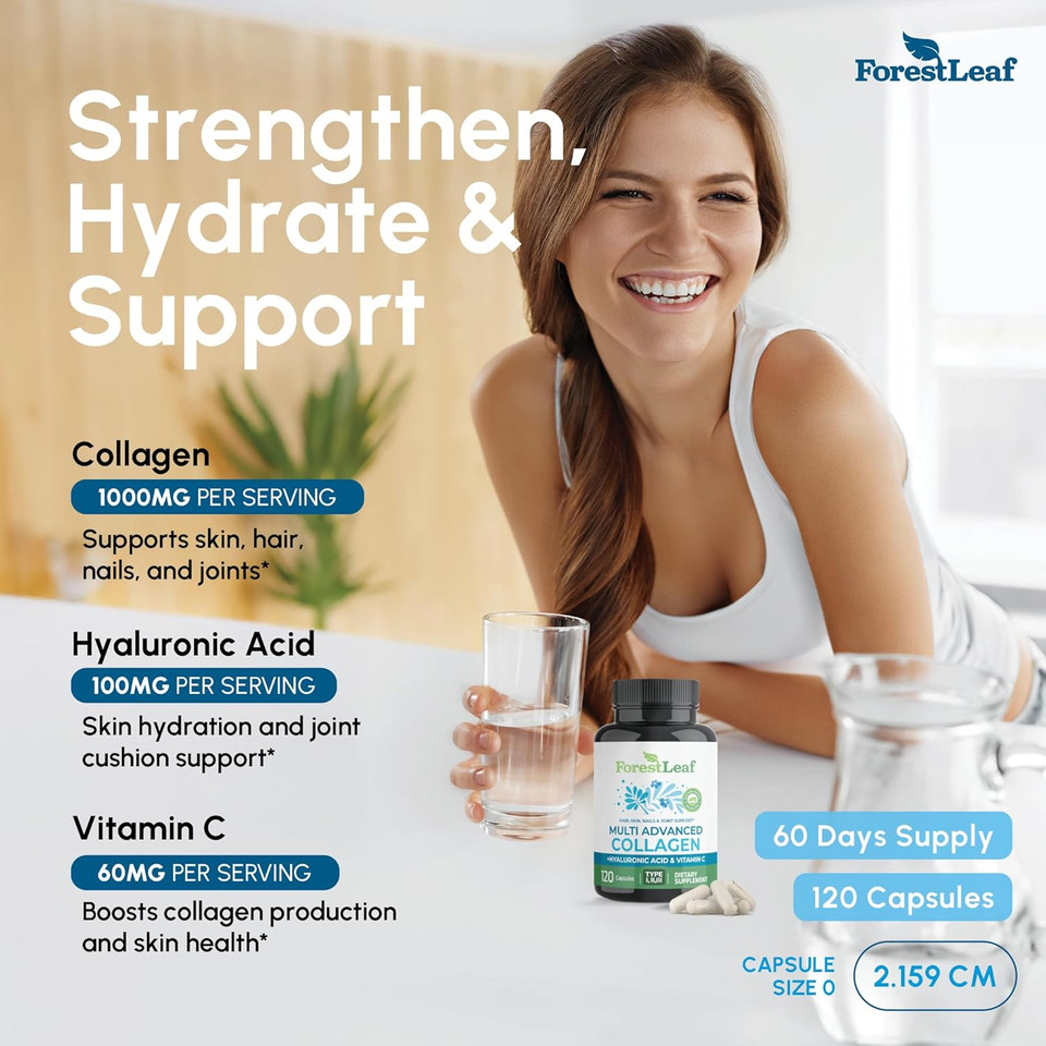 Forestleaf Multi Collagen Pills With Hyaluronic Acid + Vitamin C | Hydrolyzed Collagen Supplements For Women Or Men | Multi Collagen Capsules Peptides For Skin, Wrinkles, 120 Caps