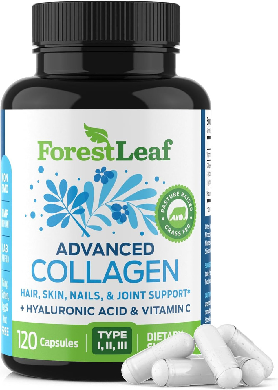 ForestLeaf Multi Collagen Pills with Hyaluronic Acid + Vitamin C | Hydrolyzed Collagen Supplements for Women or Men | Multi Collagen Capsules Peptides for Skin, Wrinkles, 120 Caps