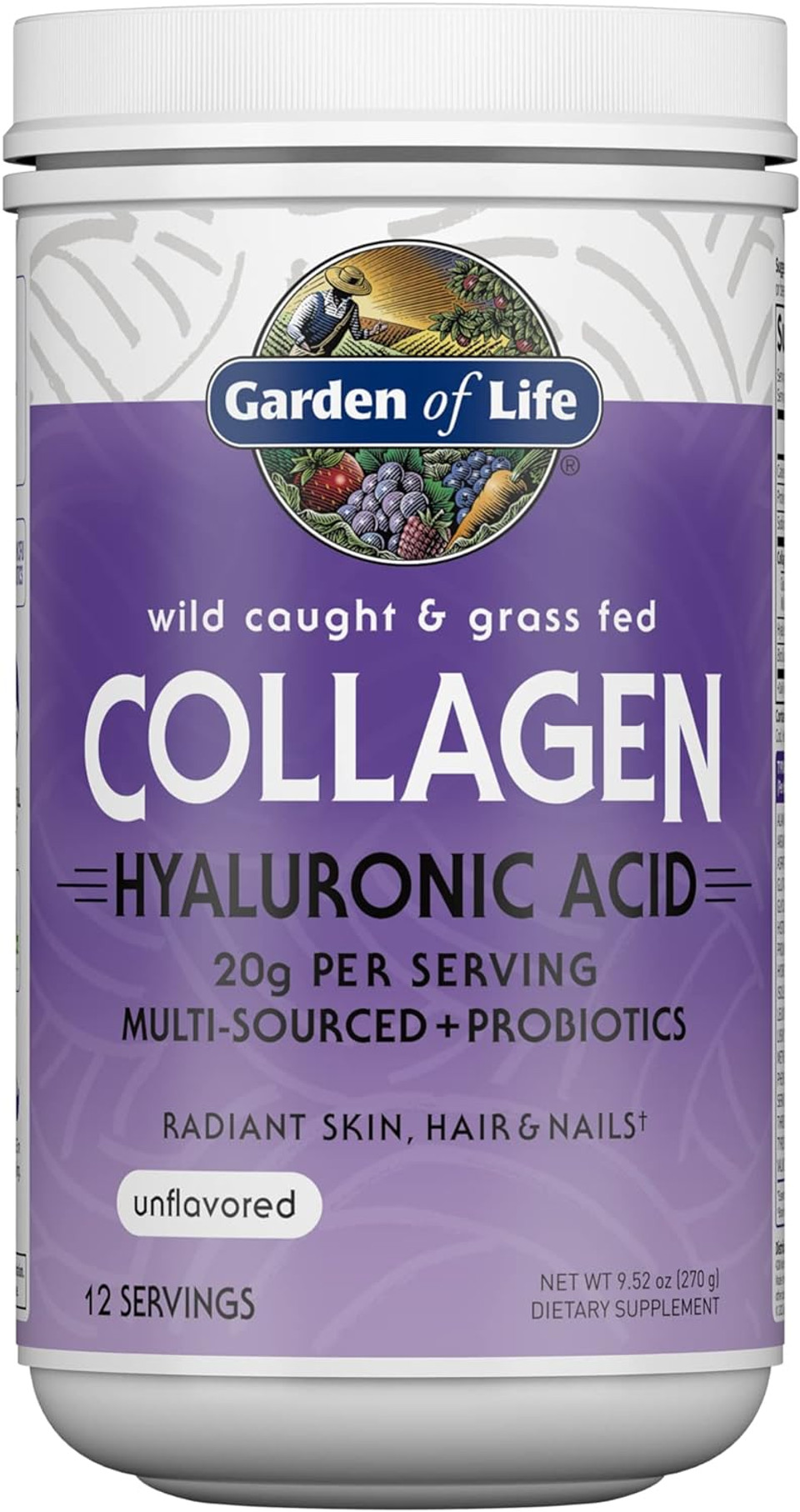 Garden of Life Marine & Grass-Fed Collagen Peptides Powder Supplement (Type I, III) with Probiotics, BCAAs & Hyaluronic Acid for Radiant Hair, Skin & Nails  Unflavored, 20g per Serving, 12 Servings