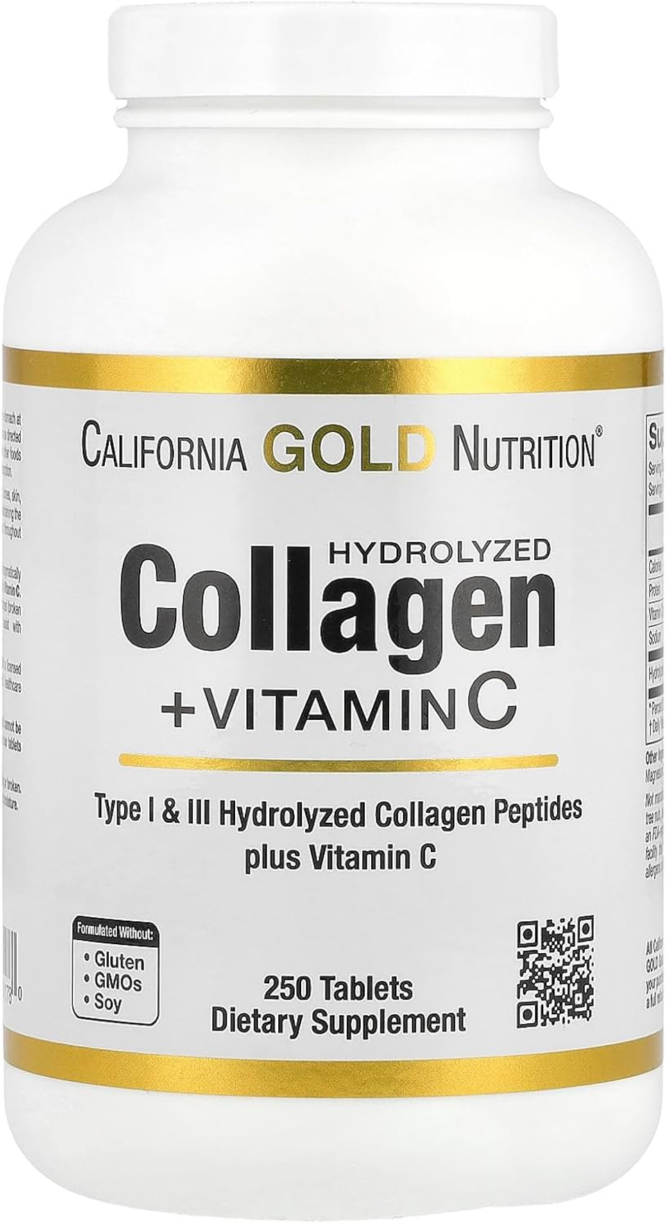 Hydrolyzed Collagen Peptides + Vitamin C By California Gold Nutrition - Support For Hair, Skin, Nails, Joints, & Bones - Featuring Type I & Iii Collagen Peptides - Gluten Free, Non-Gmo - 250 Tablets