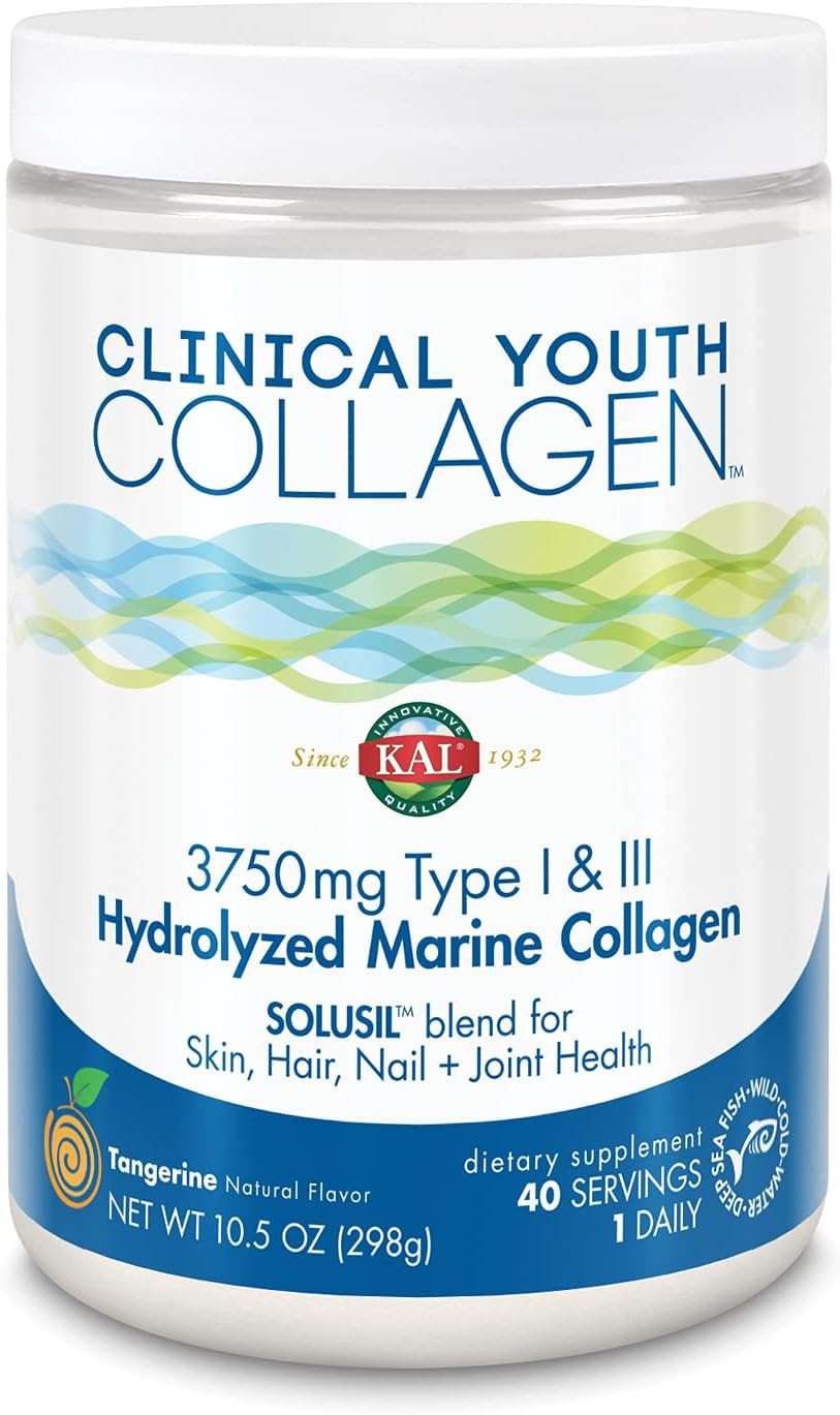 Kal Clinical Youth Collagen | Healthy Skin, Hair, Nail And Joint Support | Vitamin C | Natural Tangerine Flavor | 10.5Oz, 40 Serv