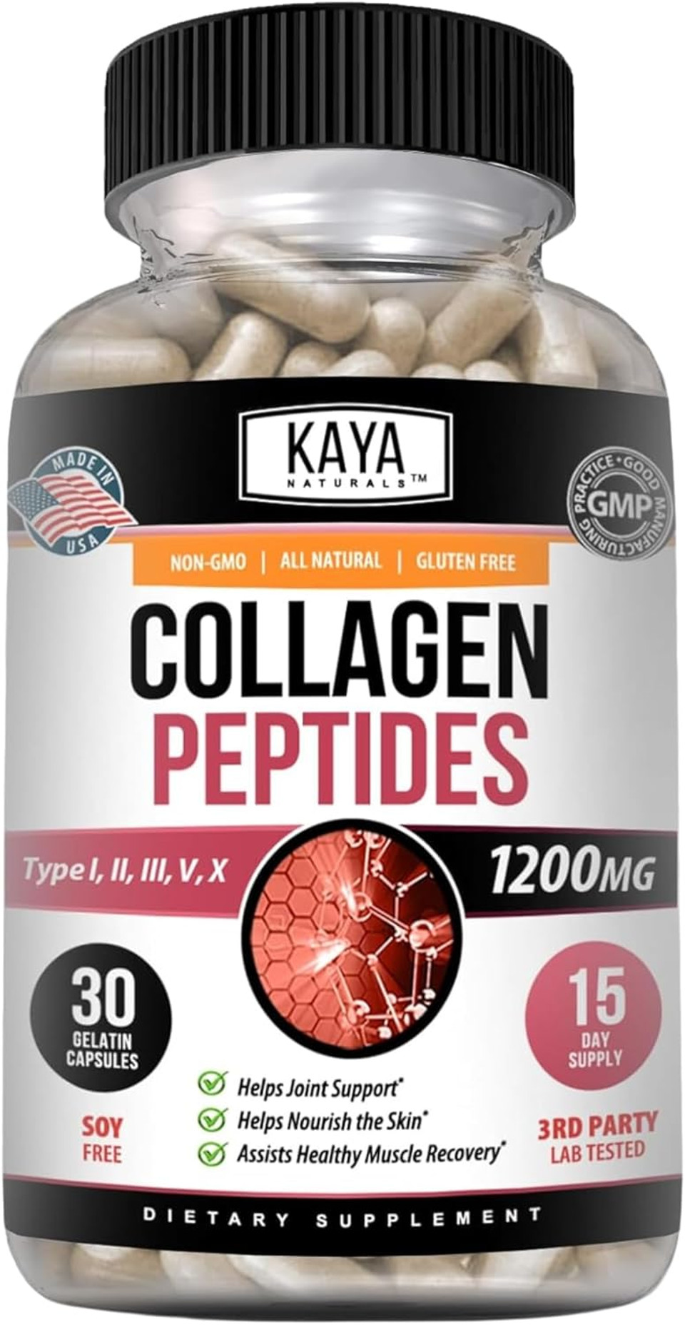 Kaya Naturals Multi Collagen Peptides Complex Powder For Women And Man, Vital For Hair, Skin, Nails, And Anti-Aging, Types I, Ii, Iii, V & X Collagen Protein Blend | Capsules - 30 Count Supplement