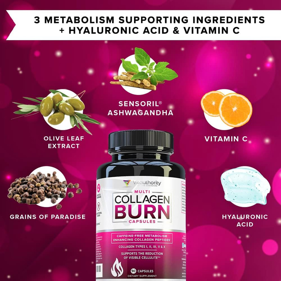 Multi Collagen Burn: Multi-Type Hydrolyzed Protein Peptides with Hyaluronic Acid, Vitamin C, SOD B Dimpless, Types I, II, III, V and X Collagen, Caffeine-Free (Unflavored Capsules)