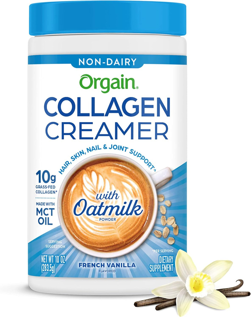 Orgain Collagen Coffee Creamer, 10G Grass Fed Hydrolyzed Collagen Peptides, French Vanilla - With Organic Oat Milk Powder, Coconut Oil, Mct Oil, Avocado Oil, Hair, Skin, Nail, & Joint Support - 10Oz Orgain Collagen Coffee Creamer, 10G Grass Fed Hydrolyzed Collagen Peptides, French Vanilla - With Organic Oat Milk Powder, Coconut Oil, Mct Oil, Avocado Oil, Hair, Skin, Nail, & Joint Support - 10Oz
