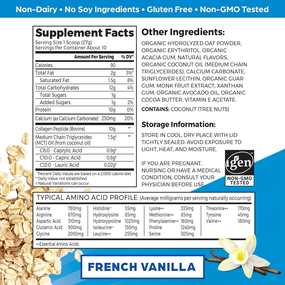 Orgain Collagen Coffee Creamer, 10G Grass Fed Hydrolyzed Collagen Peptides, French Vanilla - With Organic Oat Milk Powder, Coconut Oil, Mct Oil, Avocado Oil, Hair, Skin, Nail, & Joint Support - 10Oz Orgain Collagen Coffee Creamer, 10G Grass Fed Hydrolyzed Collagen Peptides, French Vanilla - With Organic Oat Milk Powder, Coconut Oil, Mct Oil, Avocado Oil, Hair, Skin, Nail, & Joint Support - 10Oz
