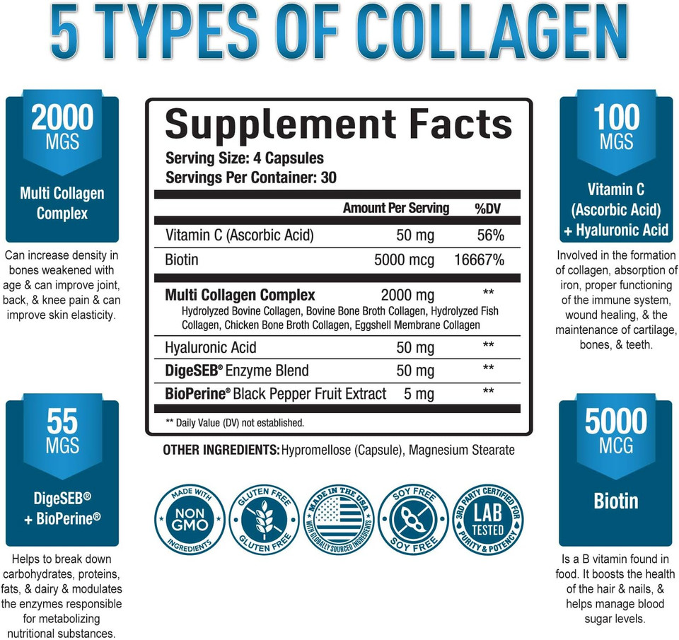 Premium Multi Collagen Peptides (Types I, Ii, Ii, V, X) - Collagen Pills For Skin Care, Hair Growth, Nails & Joints - Vitamin C, Hyaluronic Acid, Biotin, Gluten Free - 120 Collagen Capsules