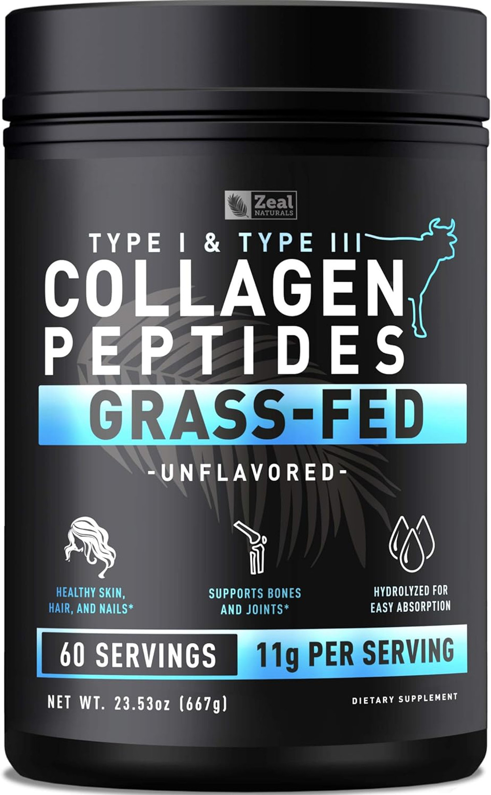 Pure Collagen Peptides Powder (11G | 60 Servings) Grass Fed Pasture-Raised Bovine Collagen Powder Hydrolyzed For Maximum Absorption ; Collagen Supplement For Joint Support, Hair & Skin