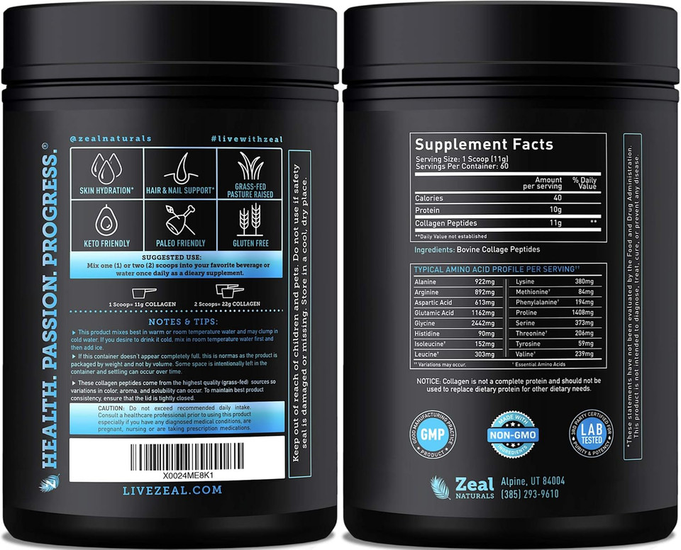 Pure Collagen Peptides Powder (11G | 60 Servings) Grass Fed Pasture-Raised Bovine Collagen Powder Hydrolyzed For Maximum Absorption ; Collagen Supplement For Joint Support, Hair & Skin