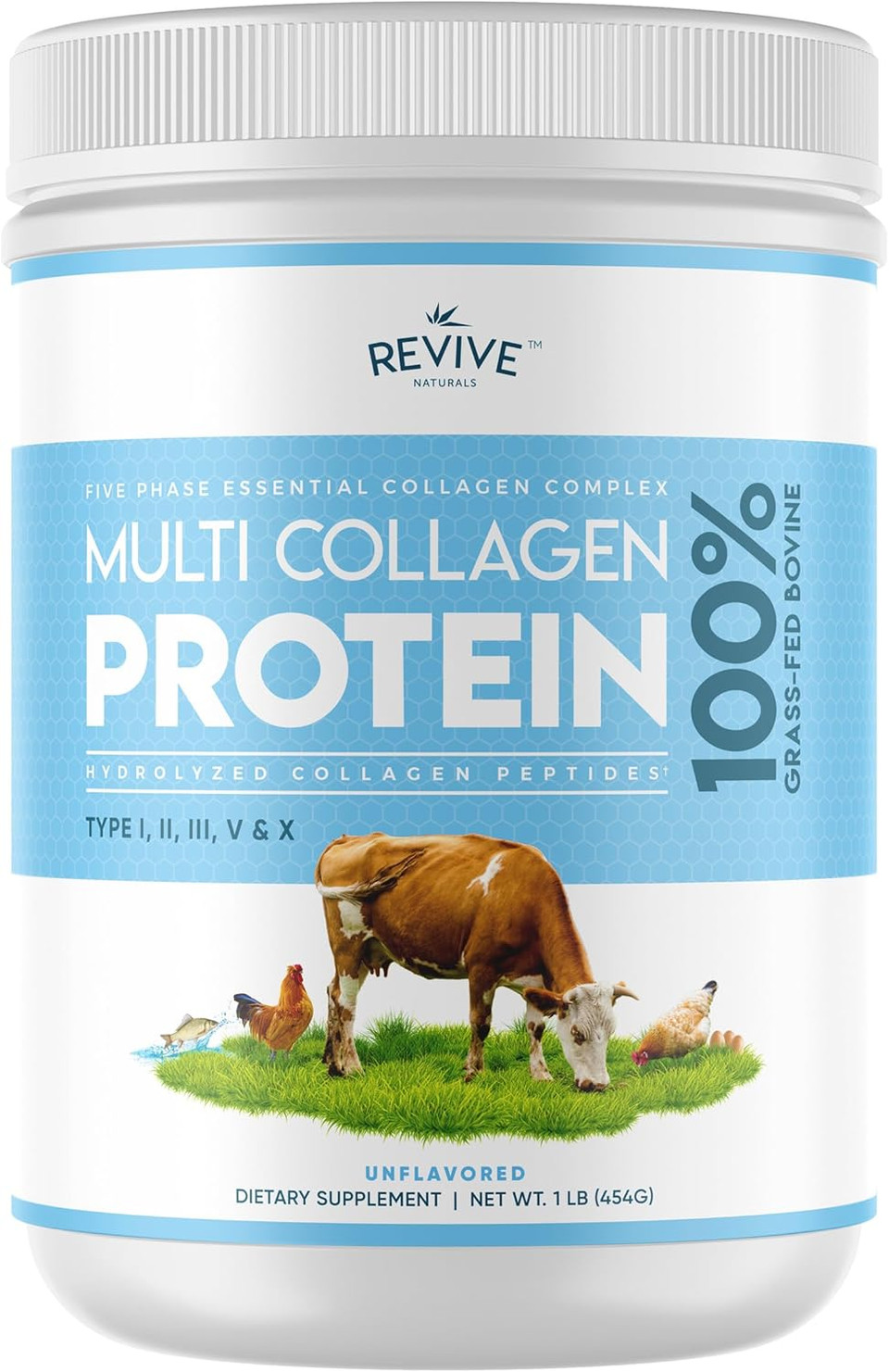 Revive Naturals Multi Collagen Hydrolyzed Protein Powder (16Oz) - Types I, Ii, Iii, V & X - Grass Fed Bovine, Wild Caught Marine, Free Roaming Chicken & Eggshell Collagen Peptides