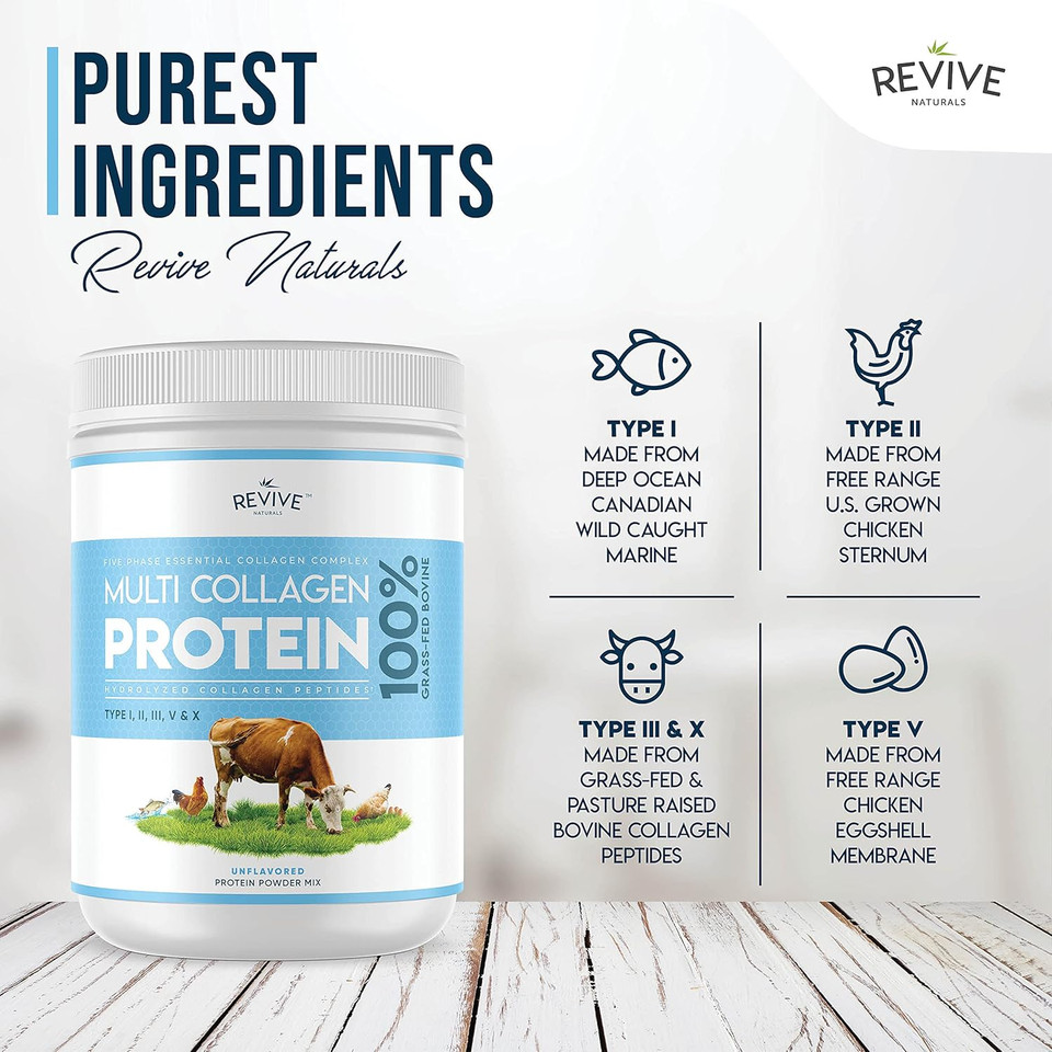 Revive Naturals Multi Collagen Hydrolyzed Protein Powder (16Oz) - Types I, Ii, Iii, V & X - Grass Fed Bovine, Wild Caught Marine, Free Roaming Chicken & Eggshell Collagen Peptides